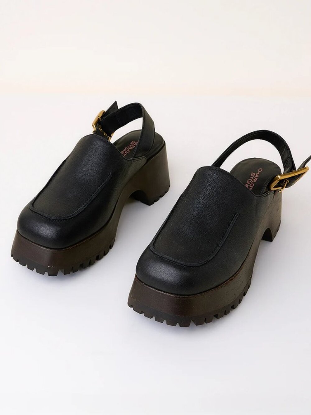 Charlotte Stone Carlos Size 10 Black Leather Chunky Slingback Clogs LIke New!